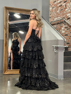 Beautiful Sheath One-Shoulder Tiered Lace Long Prom Dress BM bride