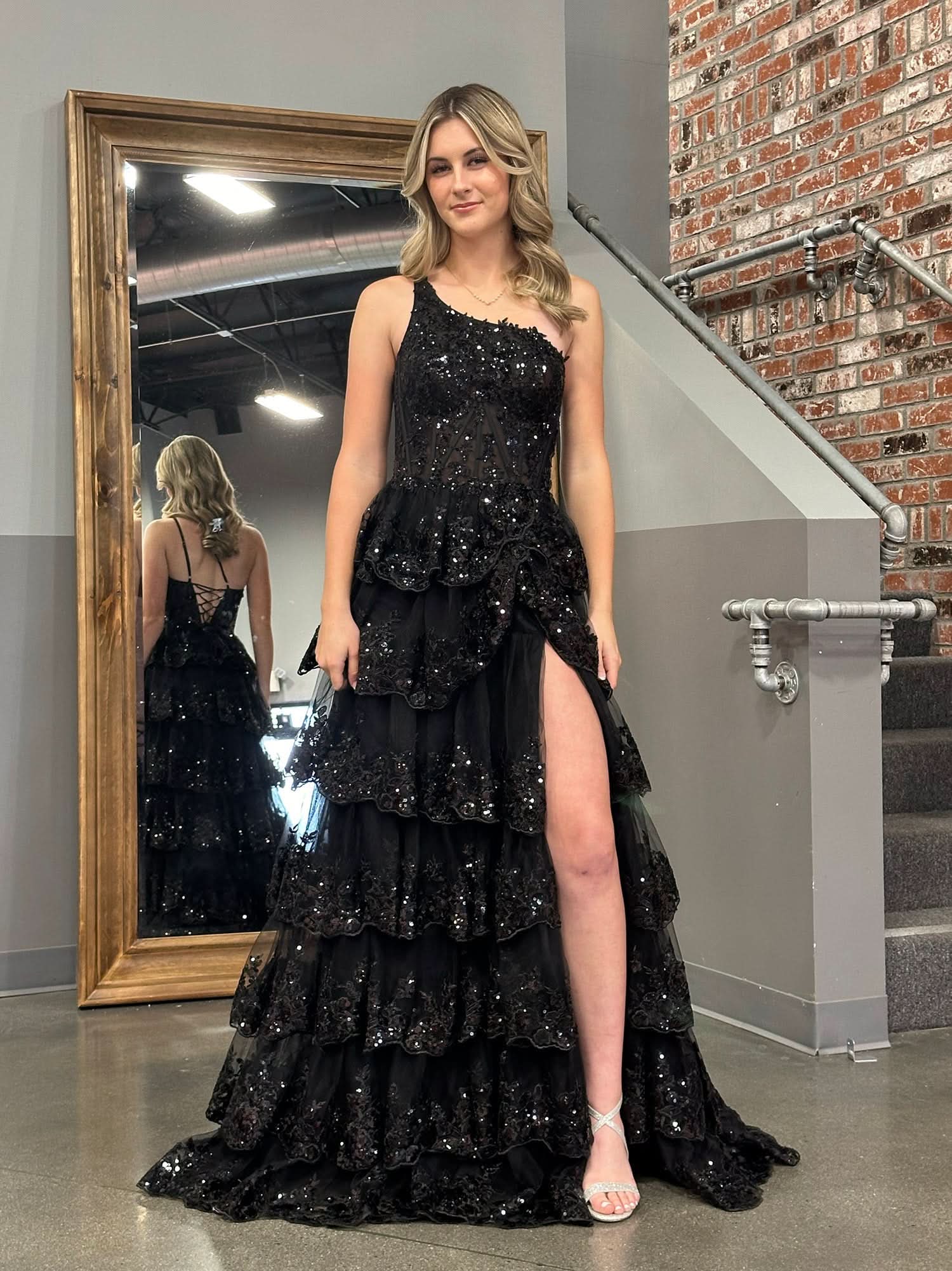 Beautiful Sheath One-Shoulder Tiered Lace Long Prom Dress BM bride