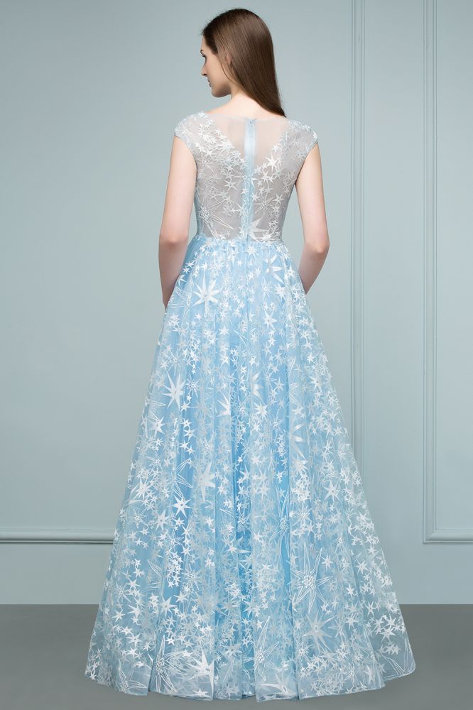 BMbride Long Appliqued Tulle A-line Cap Sleeves Prom Dresses BMbride