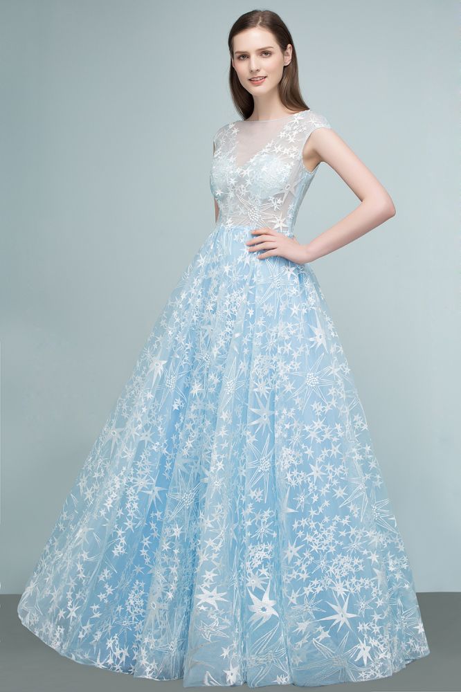 BMbride Long Appliqued Tulle A-line Cap Sleeves Prom Dresses BMbride