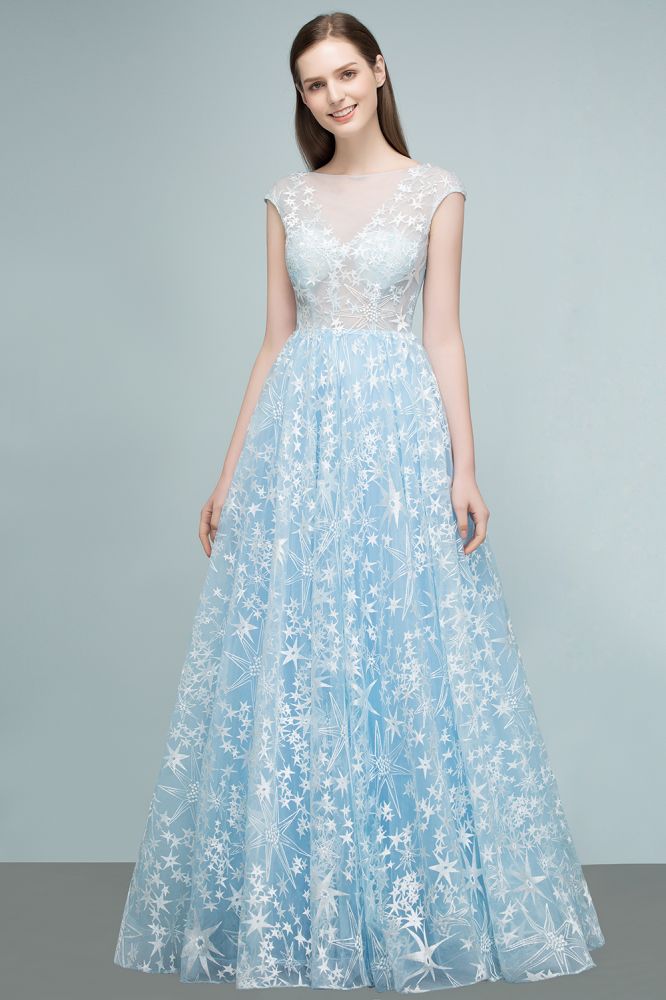 BMbride Long Appliqued Tulle A-line Cap Sleeves Prom Dresses BMbride