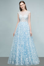 BMbride Long Appliqued Tulle A-line Cap Sleeves Prom Dresses BMbride