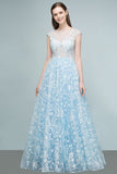 BMbride Long Appliqued Tulle A-line Cap Sleeves Prom Dresses BMbride
