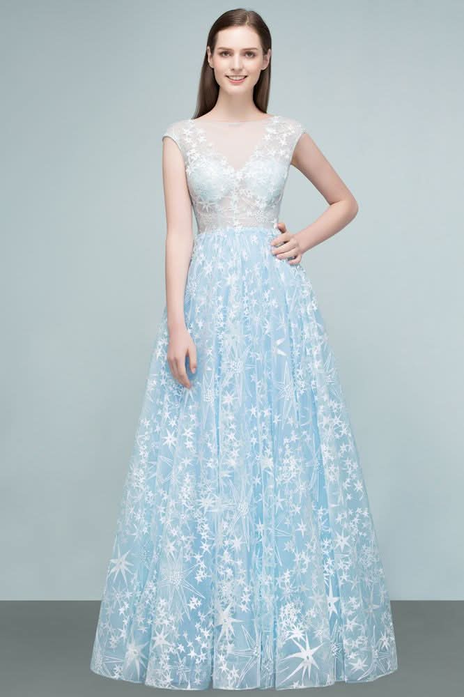 BMbride Long Appliqued Tulle A-line Cap Sleeves Prom Dresses BMbride