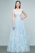 BMbride Long Appliqued Tulle A-line Cap Sleeves Prom Dresses BMbride