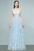 BMbride Long Appliqued Tulle A-line Cap Sleeves Prom Dresses BMbride