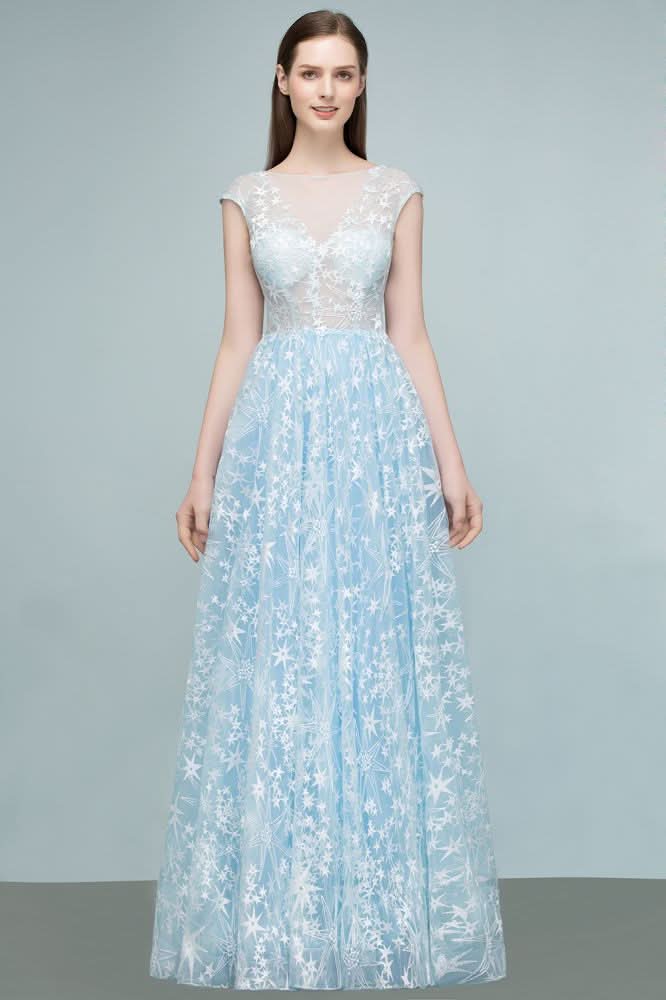 BMbride Long Appliqued Tulle A-line Cap Sleeves Prom Dresses BMbride