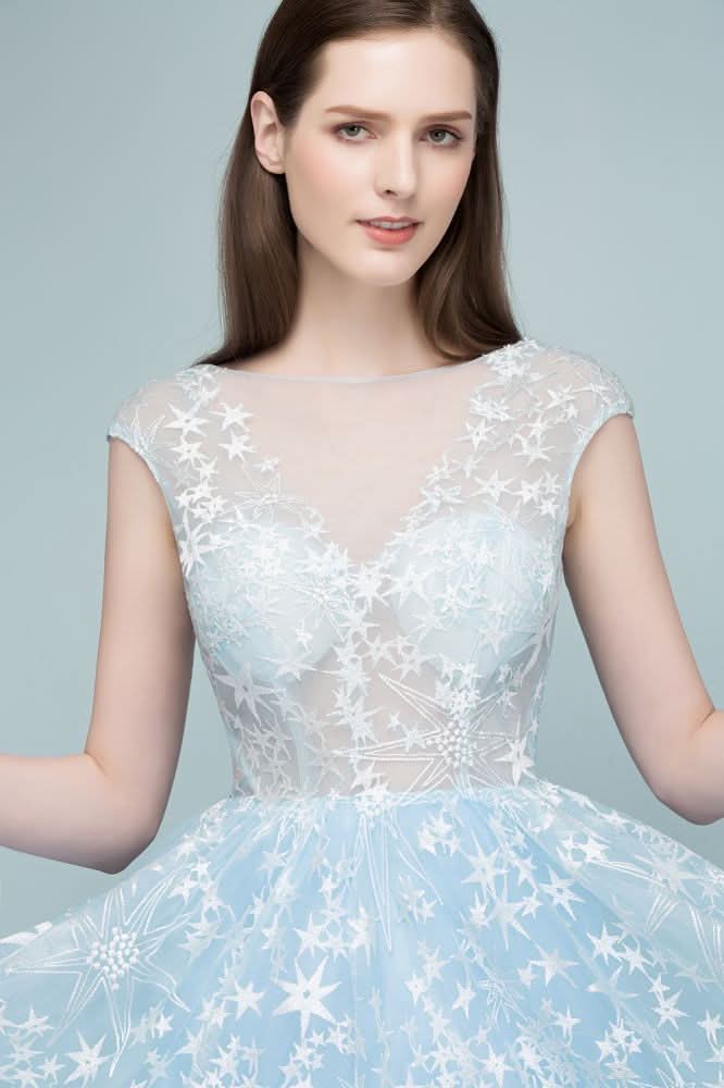 BMbride Long Appliqued Tulle A-line Cap Sleeves Prom Dresses BMbride