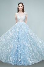 BMbride Long Appliqued Tulle A-line Cap Sleeves Prom Dresses BMbride