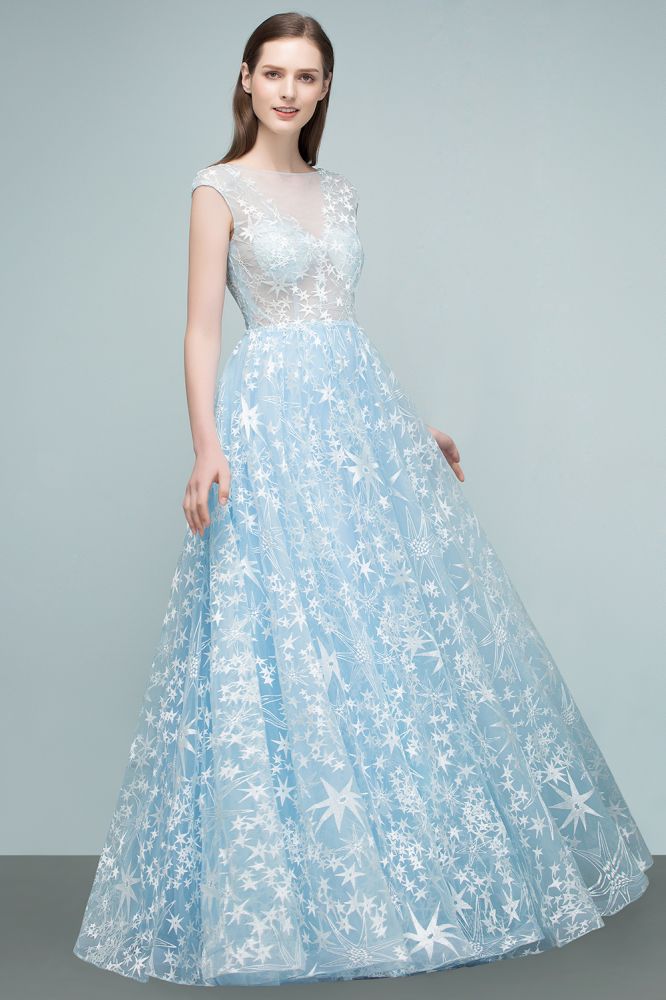 BMbride Long Appliqued Tulle A-line Cap Sleeves Prom Dresses BMbride
