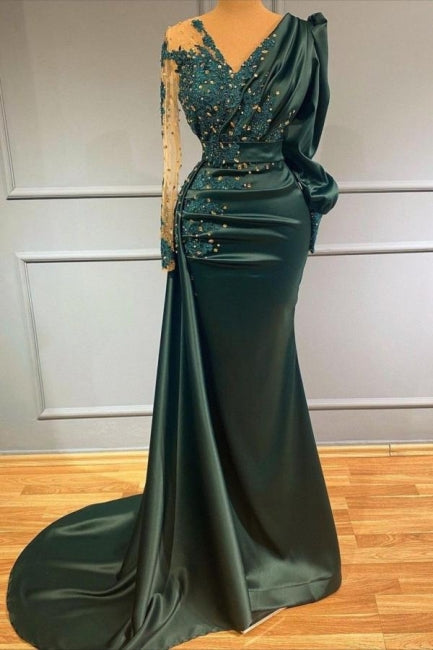 BMbride Long Dark Green Elegant Mermaid Prom Dresses with Sleeves BMbride