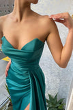 BMbride Long Dark Green Mermaid Sleeveless Satin Evening Dresses With Slit BMbride
