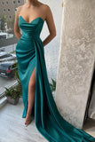 BMbride Long Dark Green Mermaid Sleeveless Satin Evening Dresses With Slit BMbride