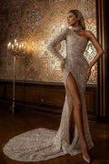 BMbride Long Glitter One Shoulder Split Long Sleeves Prom Dresses with Sleeves BMbride