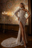 BMbride Long Glitter One Shoulder Split Long Sleeves Prom Dresses with Sleeves BMbride