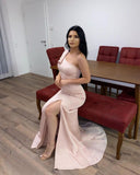 BMbride Long Pink Simple One Shoulder Split Mermaid Prom Dress BMbride