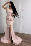 BMbride Long Pink Simple One Shoulder Split Mermaid Prom Dress BMbride