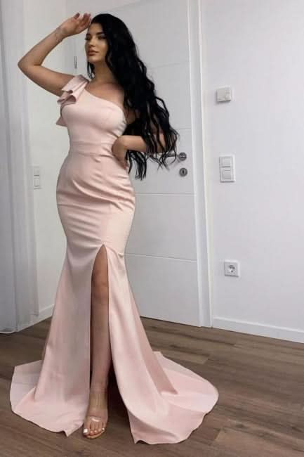 BMbride Long Pink Simple One Shoulder Split Mermaid Prom Dress BMbride