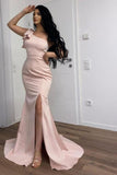 BMbride Long Pink Simple One Shoulder Split Mermaid Prom Dress BMbride
