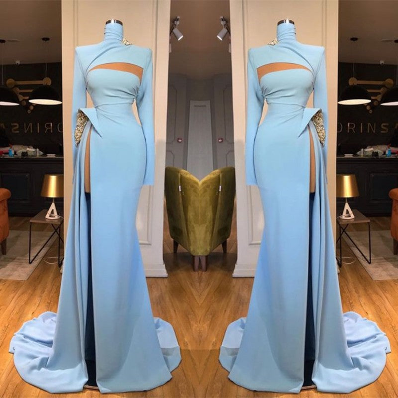 BMbride Long Sleeves High Neck Mermaid Prom Dress Long With Slit BMbride