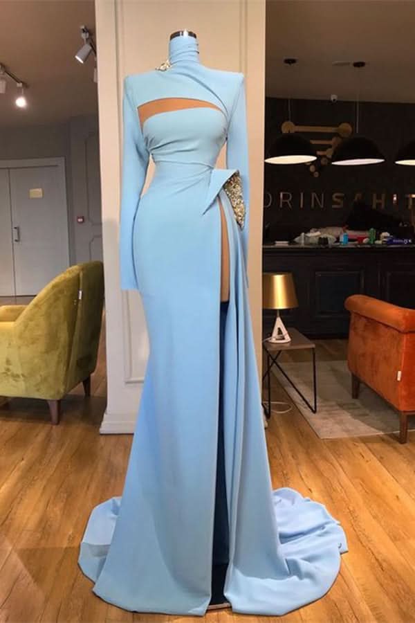 BMbride Long Sleeves High Neck Mermaid Prom Dress Long With Slit BMbride