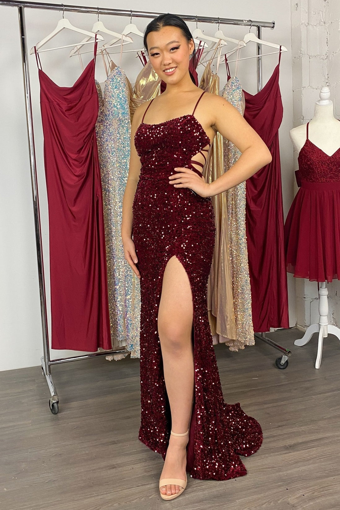 Dazzling Sequin Lace-Up Back Mermaid Long Prom Gown with Slit BM bride