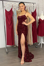 Dazzling Sequin Lace-Up Back Mermaid Long Prom Gown with Slit BM bride