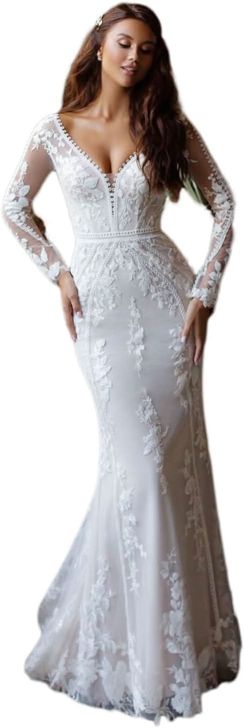 Loyeloy Women's Wedding Dresses for Bride 2025 Sexy V Neck Slit Lace Bridal Wedding Gowns for Bride YJ010 - Bmbride