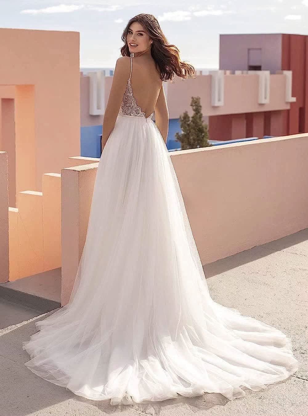 Loyeloy Women's Wedding Dresses for Bride 2025 Sexy V Neck Slit Lace Bridal Wedding Gowns for Bride YJ010 - Bmbride