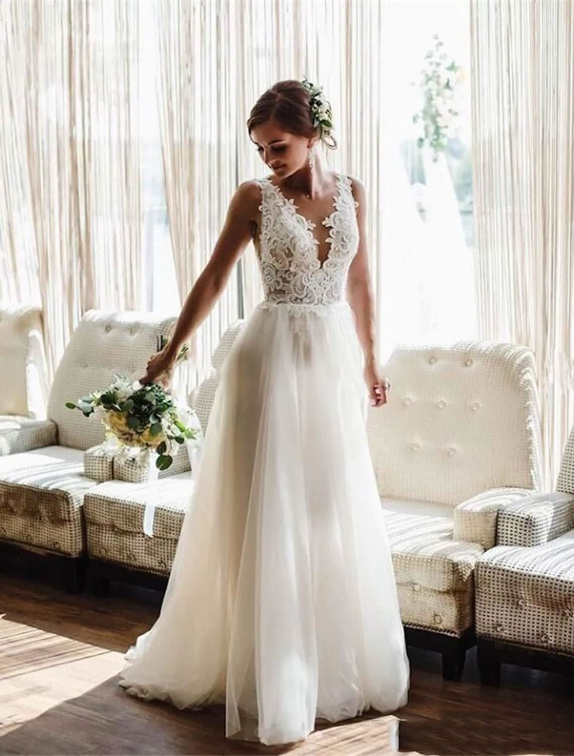 Loyeloy Women's Wedding Dresses for Bride 2025 Sexy V Neck Slit Lace Bridal Wedding Gowns for Bride YJ010 - Bmbride