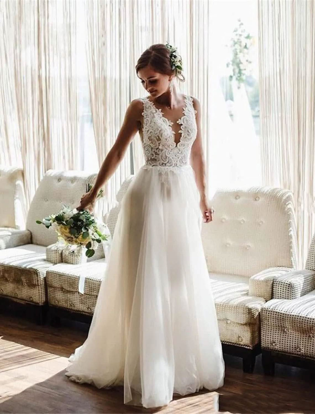 Loyeloy Women's Wedding Dresses for Bride 2025 Sexy V Neck Slit Lace Bridal Wedding Gowns for Bride YJ010 - Bmbride