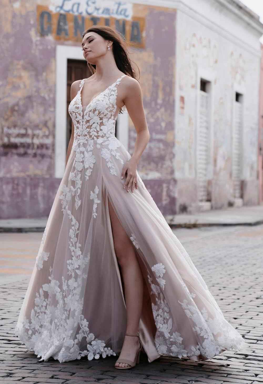 Loyeloy Women's Wedding Dresses for Bride 2025 Sexy V Neck Slit Lace Bridal Wedding Gowns for Bride YJ010 - Bmbride