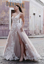 Loyeloy Women's Wedding Dresses for Bride 2025 Sexy V Neck Slit Lace Bridal Wedding Gowns for Bride YJ010 - Bmbride