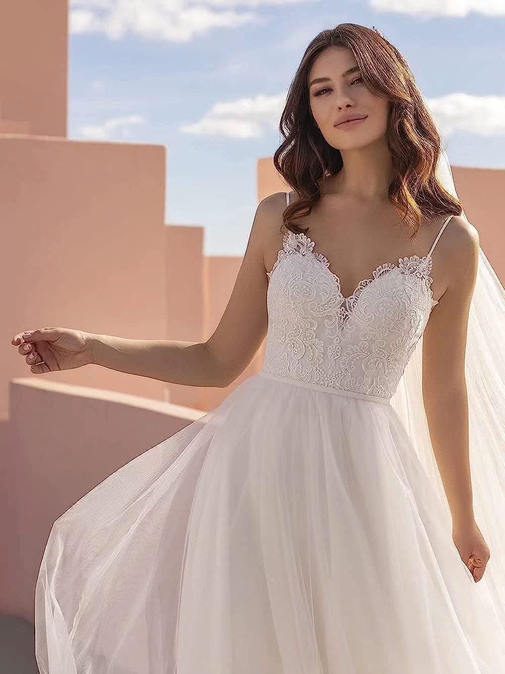 Loyeloy Women's Wedding Dresses for Bride 2025 Sexy V Neck Slit Lace Bridal Wedding Gowns for Bride YJ010 - Bmbride
