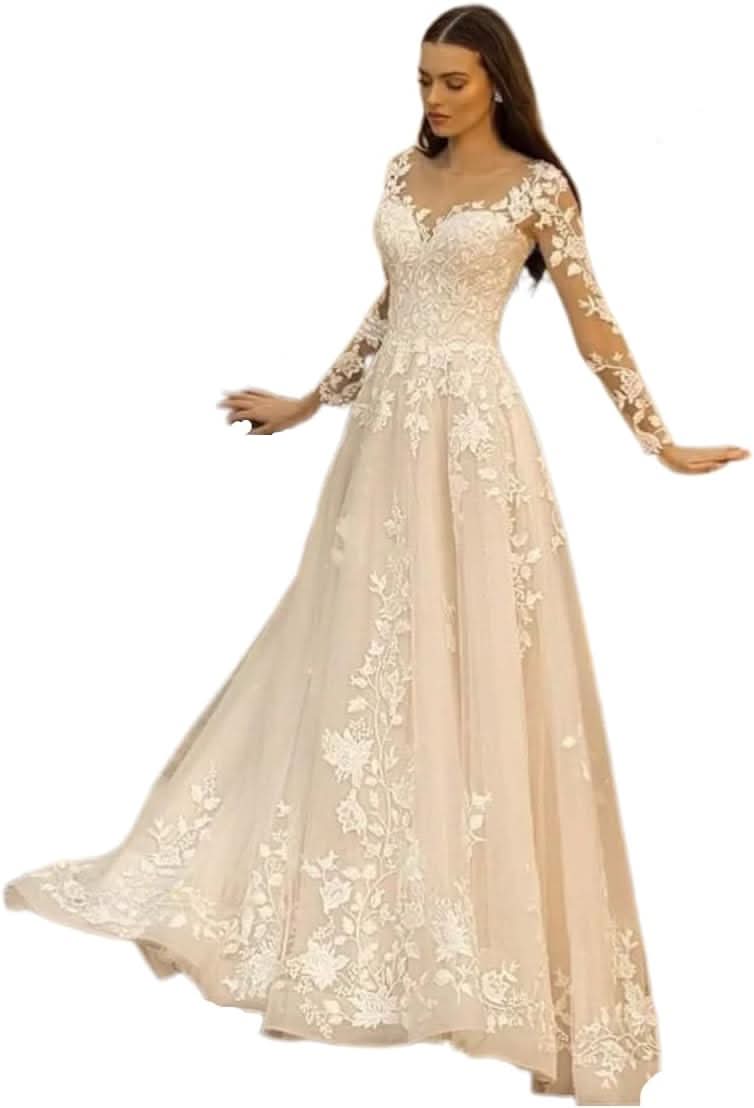 Loyeloy Women's Wedding Dresses for Bride 2025 Sexy V Neck Slit Lace Bridal Wedding Gowns for Bride YJ010 - Bmbride