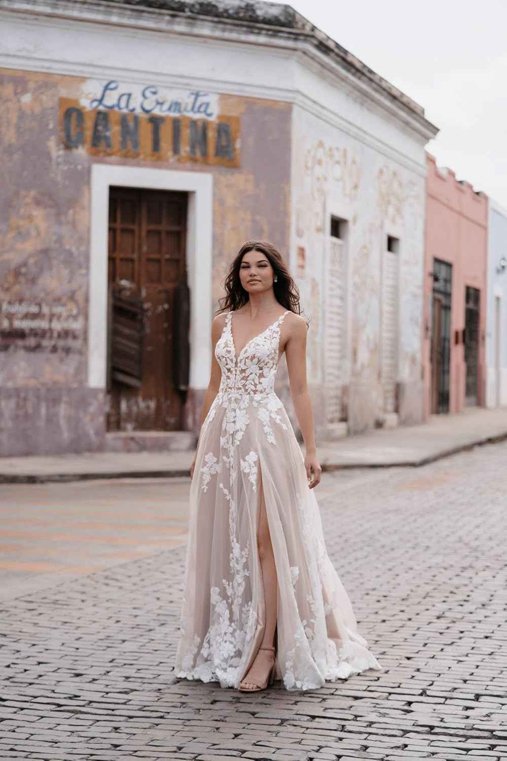 Loyeloy Women's Wedding Dresses for Bride 2025 Sexy V Neck Slit Lace Bridal Wedding Gowns for Bride YJ010 - Bmbride