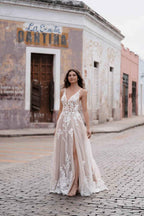 Loyeloy Women's Wedding Dresses for Bride 2025 Sexy V Neck Slit Lace Bridal Wedding Gowns for Bride YJ010 - Bmbride