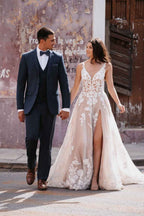 Loyeloy Women's Wedding Dresses for Bride 2025 Sexy V Neck Slit Lace Bridal Wedding Gowns for Bride YJ010 - Bmbride