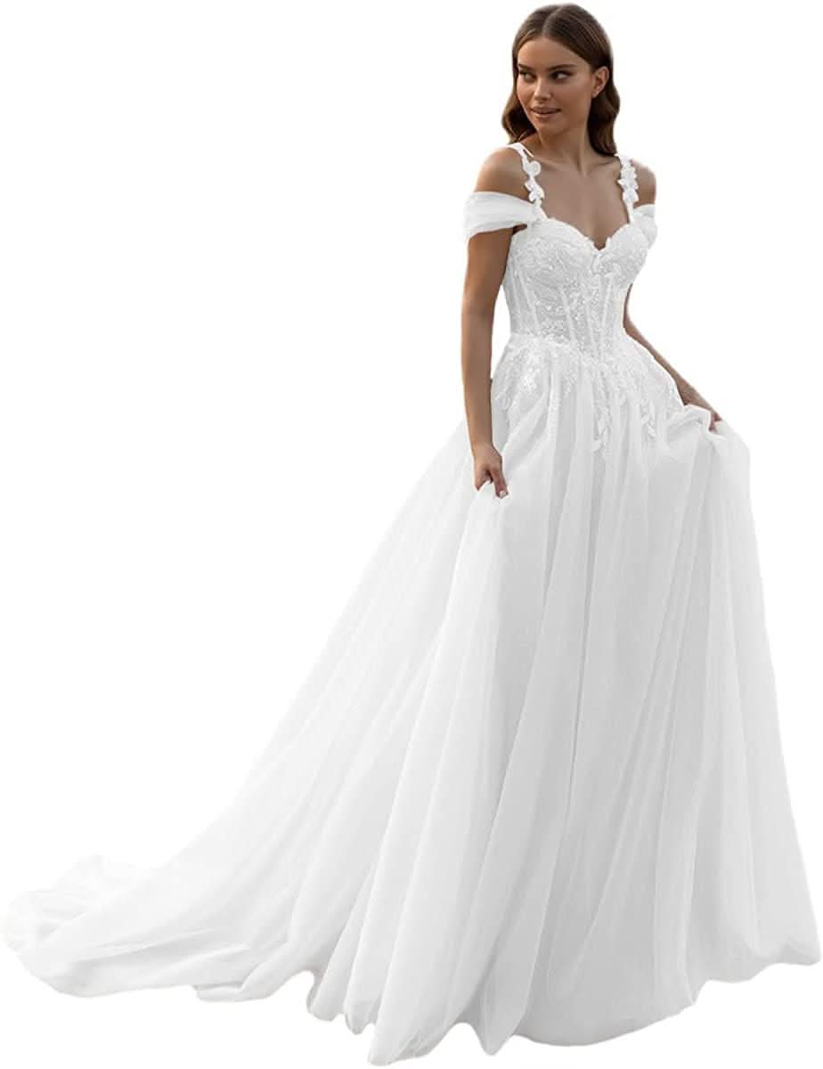 Loyeloy Women's Wedding Dresses for Bride 2025 Sexy V Neck Slit Lace Bridal Wedding Gowns for Bride YJ010 - Bmbride