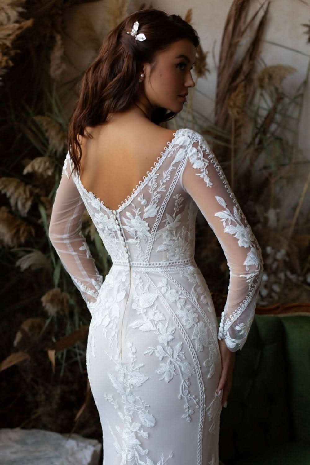Loyeloy Women's Wedding Dresses for Bride 2025 Sexy V Neck Slit Lace Bridal Wedding Gowns for Bride YJ010 - Bmbride
