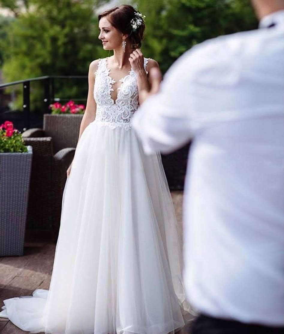Loyeloy Women's Wedding Dresses for Bride 2025 Sexy V Neck Slit Lace Bridal Wedding Gowns for Bride YJ010 - Bmbride