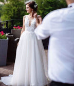 Loyeloy Women's Wedding Dresses for Bride 2025 Sexy V Neck Slit Lace Bridal Wedding Gowns for Bride YJ010 - Bmbride