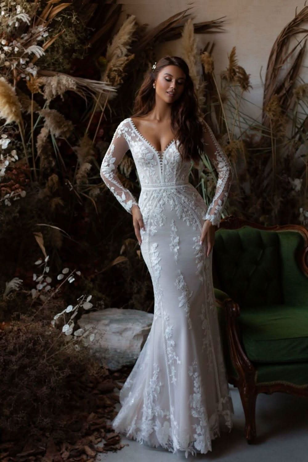 Loyeloy Women's Wedding Dresses for Bride 2025 Sexy V Neck Slit Lace Bridal Wedding Gowns for Bride YJ010 - Bmbride