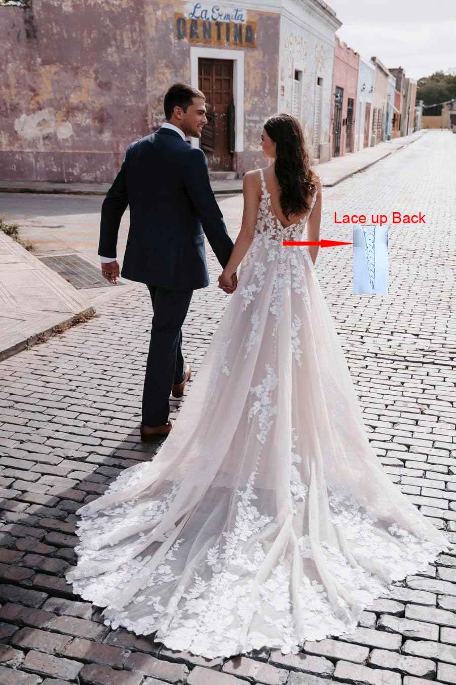 Loyeloy Women's Wedding Dresses for Bride 2025 Sexy V Neck Slit Lace Bridal Wedding Gowns for Bride YJ010 - Bmbride