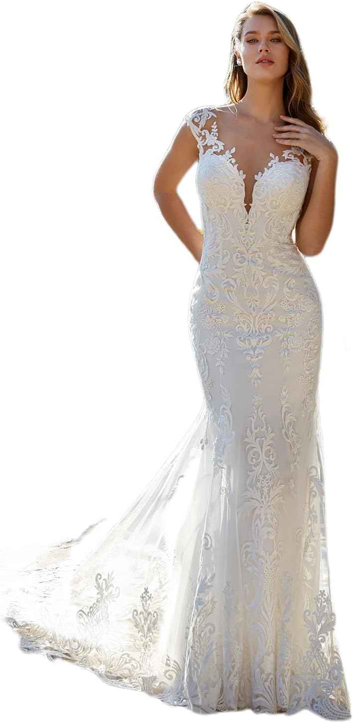 Loyeloy Women's Wedding Dresses for Bride 2025 Sexy V Neck Slit Lace Bridal Wedding Gowns for Bride YJ010 - Bmbride