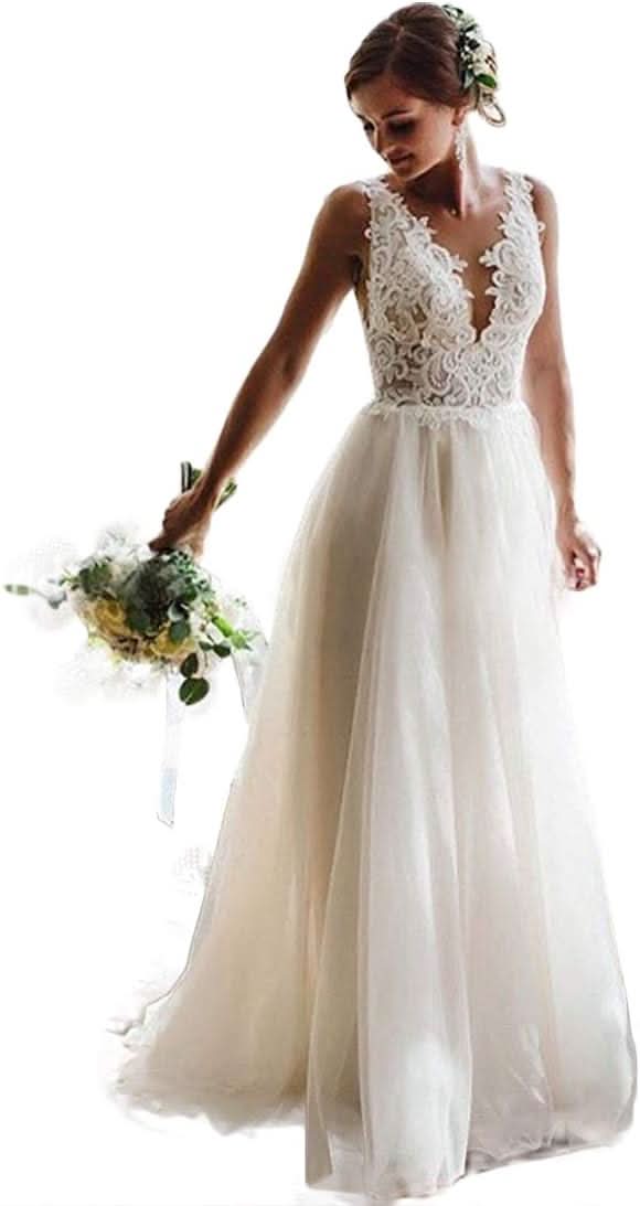 Loyeloy Women's Wedding Dresses for Bride 2025 Sexy V Neck Slit Lace Bridal Wedding Gowns for Bride YJ010 - Bmbride