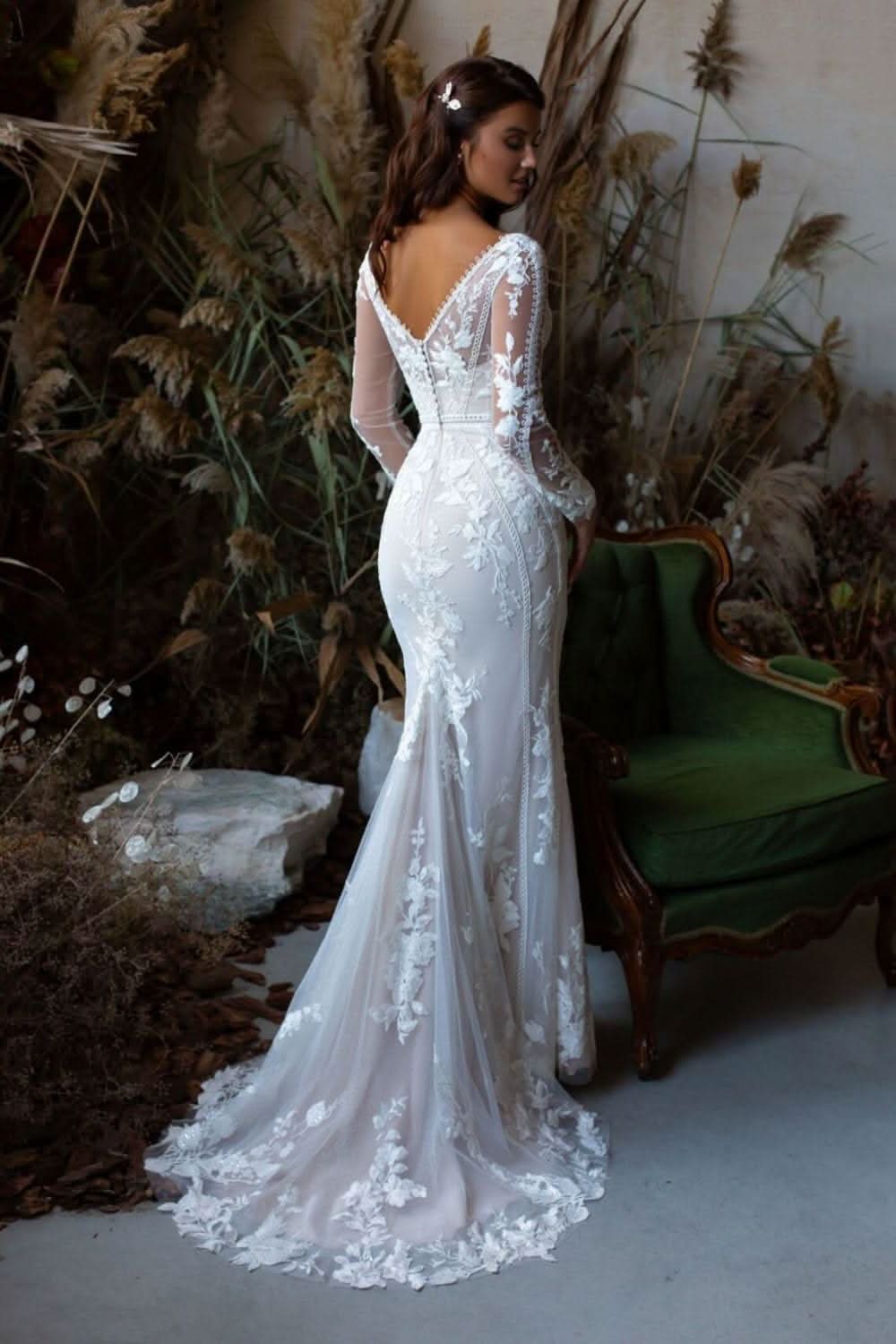 Loyeloy Women's Wedding Dresses for Bride 2025 Sexy V Neck Slit Lace Bridal Wedding Gowns for Bride YJ010 - Bmbride