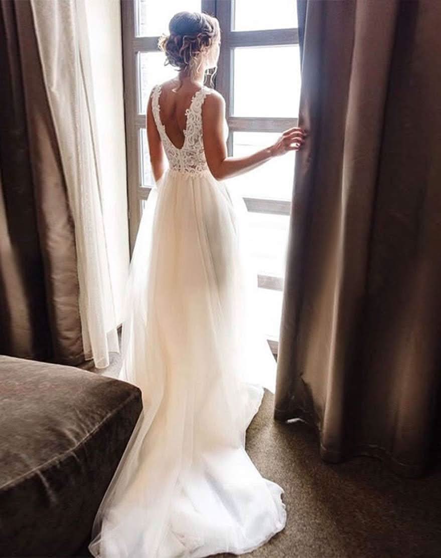 Loyeloy Women's Wedding Dresses for Bride 2025 Sexy V Neck Slit Lace Bridal Wedding Gowns for Bride YJ010 - Bmbride