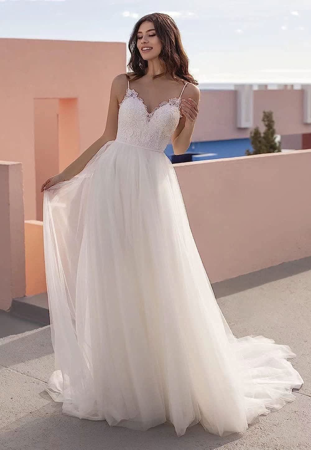 Loyeloy Women's Wedding Dresses for Bride 2025 Sexy V Neck Slit Lace Bridal Wedding Gowns for Bride YJ010 - Bmbride