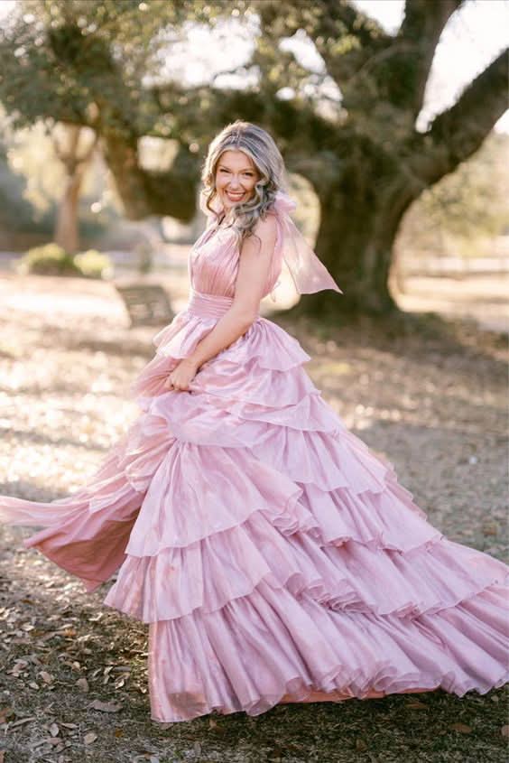 Glamorous Glitter Tie Straps Pink Plunging Neck Tiered Long Prom Dress BM bride